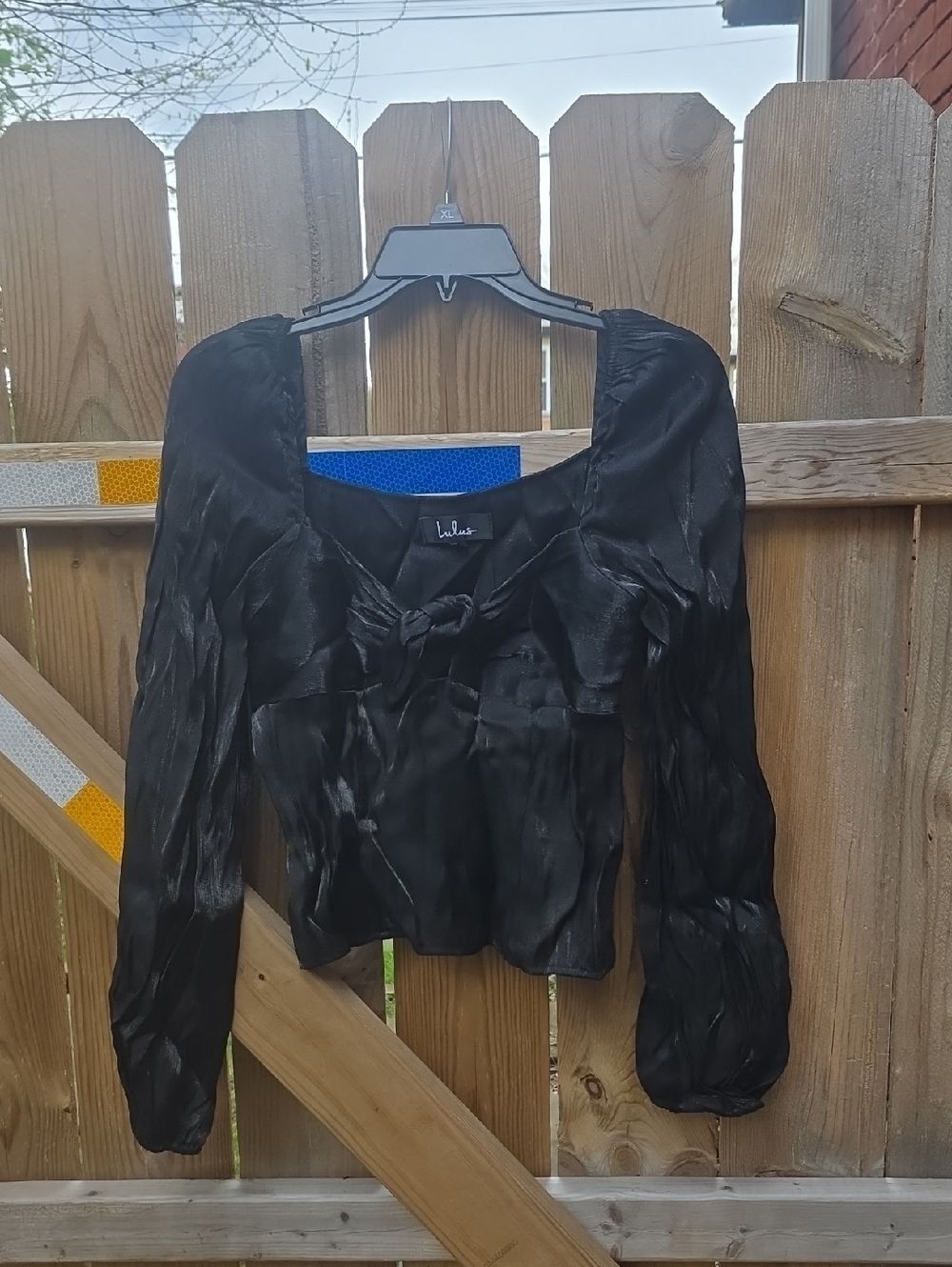 Lulu'sโBlack Satin Tie-Front Long Sleeve Top